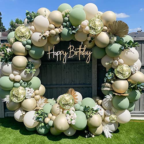 Sage Green Gold Balloons Garland Kit,130 pcs Olive Green Gold Confetti Blush Balloons Arch for Birthday Baby Shower Bridal Shower Engagement Wild One Party Decor