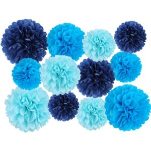 12 pcs tissue pom poms kit, tissue paper flowers for birthday, boy baby shower, nursery, graduation, bachelorette party decoration (blue mix)