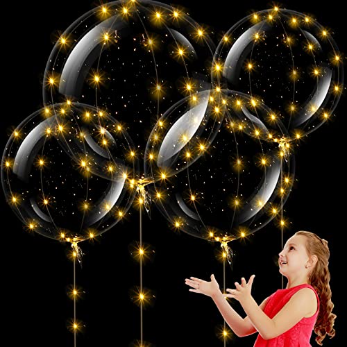 4 Pcs 36 Inches Light up Clear Bobo Balloons Valentine's Day Large Glow LED Balloons with String Lights Jumbo Transparent Balloons for DIY Wedding Banquet Party Anniversary (Warm White Light)