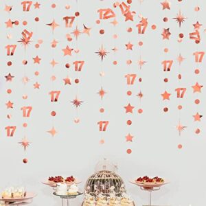 rose gold 17th birthday decorations number 17 circle dot star garland streamer bunting banner backdrop for girls seventeen year old birthday 17 and fabulous happy 17th anniversary party supplies