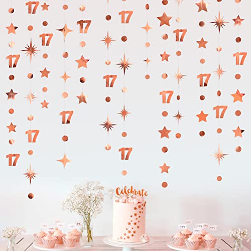 Rose Gold 17th Birthday Decorations Number 17 Circle Dot Star Garland Streamer Bunting Banner Backdrop for Girls Seventeen Year Old Birthday 17 and Fabulous Happy 17th Anniversary Party Supplies