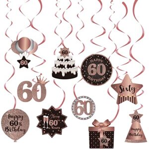 happy 60th birthday party hanging swirls streams ceiling decorations, celebration 60 foil hanging swirls with cutouts for 60 years old rose gold birthday party decorations supplies