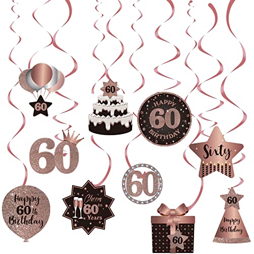 Happy 60th Birthday Party Hanging Swirls Streams Ceiling Decorations, Celebration 60 Foil Hanging Swirls with Cutouts for 60 Years Old Rose Gold Birthday Party Decorations Supplies