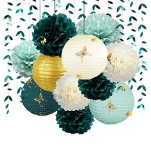 hunter green and gold hanging tissue lantern flowers pom pom with 3d butterflies leaf garland streamer for botanical wedding bridal baby shower birthday engagement bachelorette party decorations