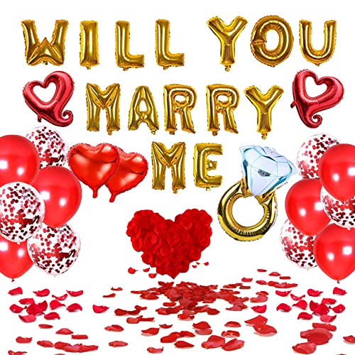 Will You Marry Me Decorations Balloon Gold – Wedding Proposal Decorations Idea – Will You Marry Me Sign Banner – Diamond Ring Engagement Balloon – Rose Petals Heart Shaped Balloons for Valentines