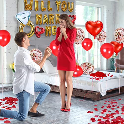 Will You Marry Me Decorations Balloon Gold – Wedding Proposal Decorations Idea – Will You Marry Me Sign Banner – Diamond Ring Engagement Balloon – Rose Petals Heart Shaped Balloons for Valentines