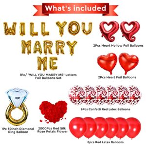 Will You Marry Me Decorations Balloon Gold – Wedding Proposal Decorations Idea – Will You Marry Me Sign Banner – Diamond Ring Engagement Balloon – Rose Petals Heart Shaped Balloons for Valentines