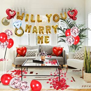 Will You Marry Me Decorations Balloon Gold – Wedding Proposal Decorations Idea – Will You Marry Me Sign Banner – Diamond Ring Engagement Balloon – Rose Petals Heart Shaped Balloons for Valentines