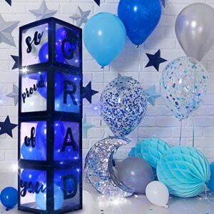 Graduation Party Decorations 2023 Graduate Balloon Boxes, 4Pcs Black Balloon Boxes for Graduation Party with " Grad" " So Proud Of You" Black Letter 4 LED Light Strings 2023 School Grad Party Supplies