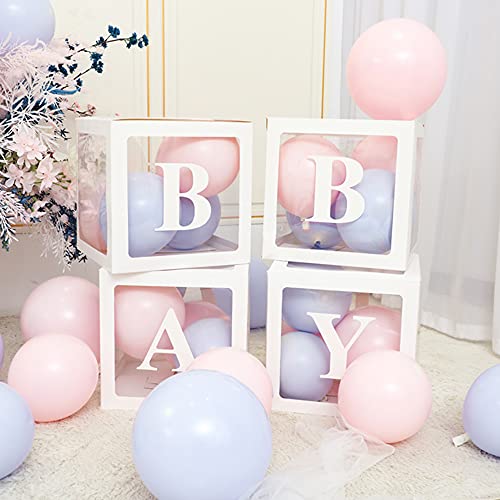 TKOnline Baby Shower Boxes Party Decoration, 4 Pcs Transparent Balloons Boxes Decoration with Letters, Individual Clear Baby Blocks for Boys and Girls,Gender Reveal, Birthday, Party, Bridal Showers