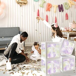 TKOnline Baby Shower Boxes Party Decoration, 4 Pcs Transparent Balloons Boxes Decoration with Letters, Individual Clear Baby Blocks for Boys and Girls,Gender Reveal, Birthday, Party, Bridal Showers