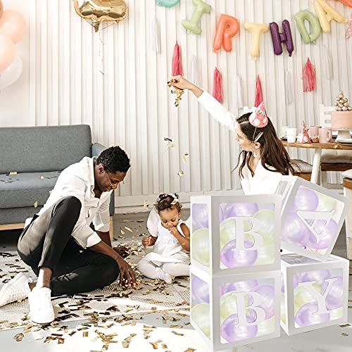 TKOnline Baby Shower Boxes Party Decoration, 4 Pcs Transparent Balloons Boxes Decoration with Letters, Individual Clear Baby Blocks for Boys and Girls,Gender Reveal, Birthday, Party, Bridal Showers