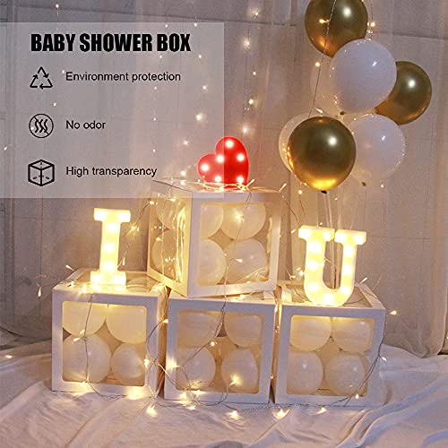 TKOnline Baby Shower Boxes Party Decoration, 4 Pcs Transparent Balloons Boxes Decoration with Letters, Individual Clear Baby Blocks for Boys and Girls,Gender Reveal, Birthday, Party, Bridal Showers