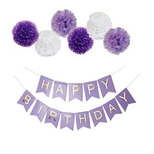 guzon purple happy birthday bunting banner,10 inch tissue paper pom poms flowers,perfect party decoration supplies for birthday