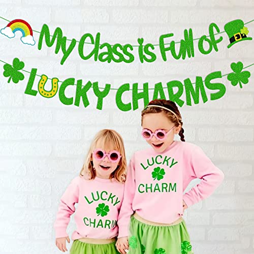 My Class is full of Lucky Charms Banner St. Patrick Day Decoration Saint Patrick Green Three Leaf Clover Shamrock Garland for Irish Day Decor Lucky Themed Preschool Birthday Bday Engagement Baby Shower Bachelorette Party Anniversary Celebration Supplies