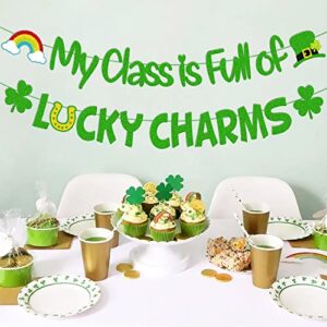 My Class is full of Lucky Charms Banner St. Patrick Day Decoration Saint Patrick Green Three Leaf Clover Shamrock Garland for Irish Day Decor Lucky Themed Preschool Birthday Bday Engagement Baby Shower Bachelorette Party Anniversary Celebration Supplies