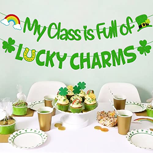 My Class is full of Lucky Charms Banner St. Patrick Day Decoration Saint Patrick Green Three Leaf Clover Shamrock Garland for Irish Day Decor Lucky Themed Preschool Birthday Bday Engagement Baby Shower Bachelorette Party Anniversary Celebration Supplies