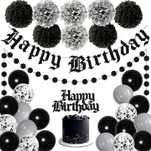 funeral birthday party decorations, black gothic birthday decorations – old english happy birthday glitter banner, cake topper, tissue pom poms, black circle dot garland and balloons for men and women