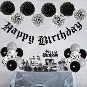 Funeral Birthday Party Decorations, Black Gothic Birthday Decorations - Old English Happy Birthday Glitter Banner, Cake Topper, Tissue Pom Poms, Black Circle Dot Garland and Balloons for Men and Women