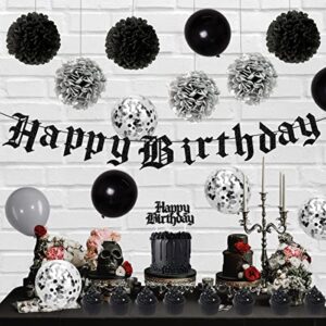 Funeral Birthday Party Decorations, Black Gothic Birthday Decorations - Old English Happy Birthday Glitter Banner, Cake Topper, Tissue Pom Poms, Black Circle Dot Garland and Balloons for Men and Women