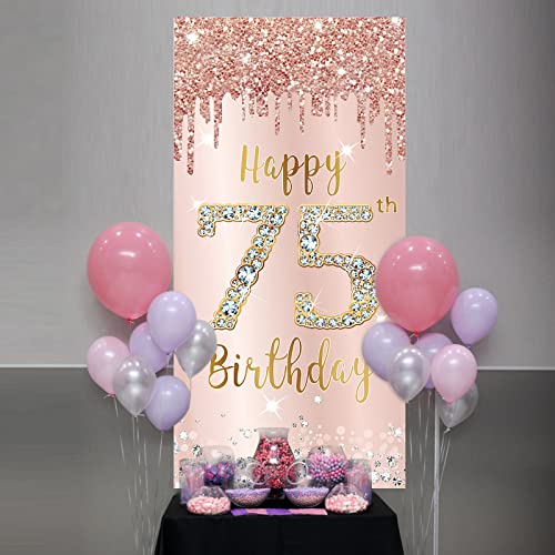 75th Birthday Decorations Door Banner for Women, Pink Rose Gold Happy 75 Birthday Backdrop Party Supplies, 75 Year Old Birthday Poster Door Cover Sign Decor