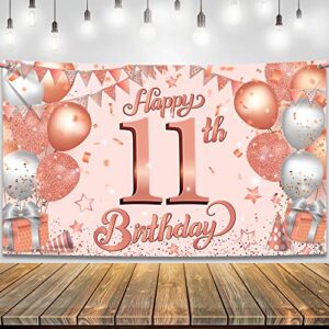katchon, happy 11th birthday backdrop – 72 x 44 inch | rose gold happy 11th birthday banner | 11th birthday decorations for girls, 11th birthday party decorations | 11th birthday backdrop for girls