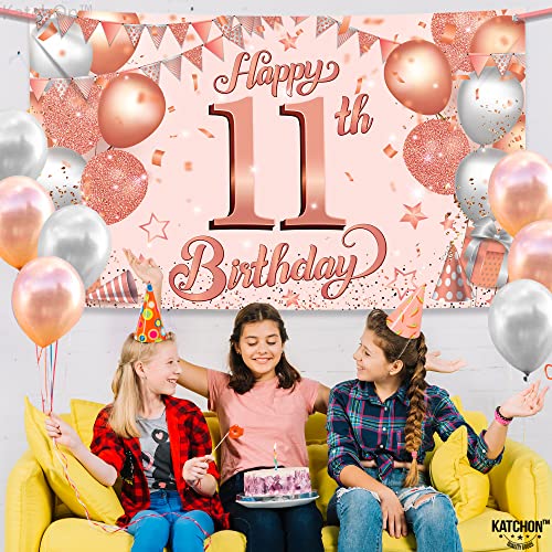 KatchOn, Happy 11th Birthday Backdrop - 72 x 44 Inch | Rose Gold Happy 11th Birthday Banner | 11th Birthday Decorations for Girls, 11th Birthday Party Decorations | 11th Birthday Backdrop for Girls