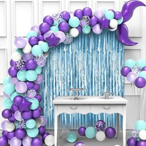 joyypop mermaid balloon garland kit 121pcs with mermaid tail foil balloons, light blue foil fringe curtain for mermaid ocean theme party under the sea party decorations(purple)
