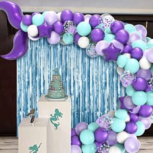 JOYYPOP Mermaid Balloon Garland Kit 121pcs with Mermaid Tail Foil Balloons, Light Blue Foil Fringe Curtain for Mermaid Ocean Theme Party Under The Sea Party Decorations(purple)