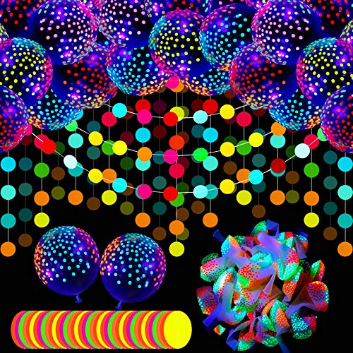 50 Pieces Neon Glow Balloons Glow in the Dark Supplies for Glow Neon Party, 12 Inch Blacklight Polka Dots Latex Balloons and 157 Inch Neon Paper Circle Dots Garland (Transparent, Fresh Style)