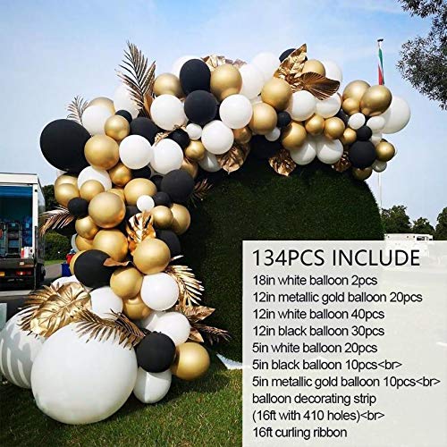 Black and Gold Balloon Arch Garland Kit-Macaron Black Balloon Metallic Gold Balloon White Balloon 132Pcs for Independence Day Birthday,Fiesta,Wedding,Christmas and Engagement.