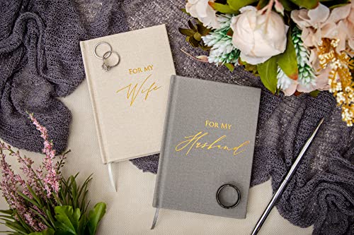 MUUJEE for My Husband and for My Wife Vow Books (Set of 2) - Grey and Ivory Gold Foil Embossed Vows Book Journal for Wedding Ceremony Vow Renewal Valentines Day Gift for Husband Wife