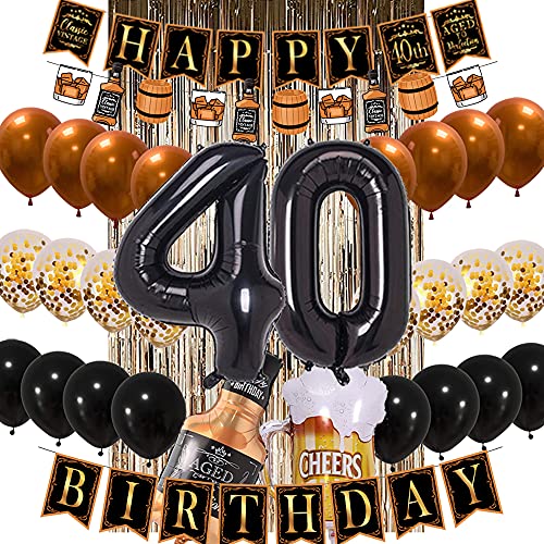 40th Birthday Decorations for Men Women Whiskey Themed Birthday Party Supplies Black and Gold Classic Vintage Birthday Party Banner for Men Bar Party Supplies