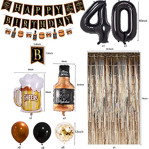 40th Birthday Decorations for Men Women Whiskey Themed Birthday Party Supplies Black and Gold Classic Vintage Birthday Party Banner for Men Bar Party Supplies