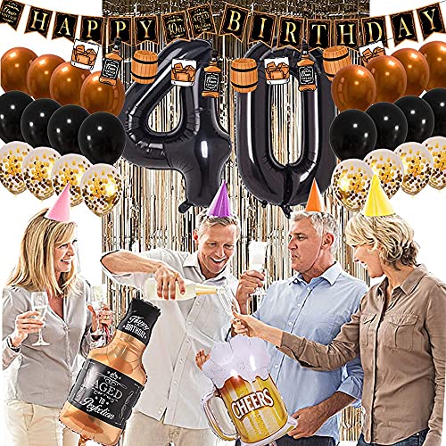 40th Birthday Decorations for Men Women Whiskey Themed Birthday Party Supplies Black and Gold Classic Vintage Birthday Party Banner for Men Bar Party Supplies