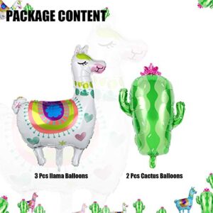 3 Pcs Llama Alpaca Foil Balloons and 2 Pcs Cactus Foil Balloons Mexican Fiesta Theme Party Decorations Birthday Baby Shower Decor Supplies