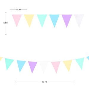 32Ft Macaron Pennant Banner Fabric Pastel Triangle Flag Rainbow Colored Bunting Garland for Unicorn Theme Kids Girls Birthday Baby Shower Ice Cream Wedding Party Outdoor Garden Hanging Decorations