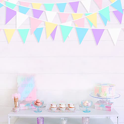 32Ft Macaron Pennant Banner Fabric Pastel Triangle Flag Rainbow Colored Bunting Garland for Unicorn Theme Kids Girls Birthday Baby Shower Ice Cream Wedding Party Outdoor Garden Hanging Decorations