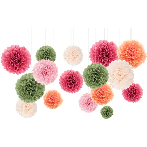 NICROLANDEE Wedding Party Decorations - 16Pcs Pink, Sage Green, Ivory Tissue Paper Pom Poms for Birthday, Engagement, Baby/Bridal Shower, Anniversary, Pastel Party, Festival Decorations