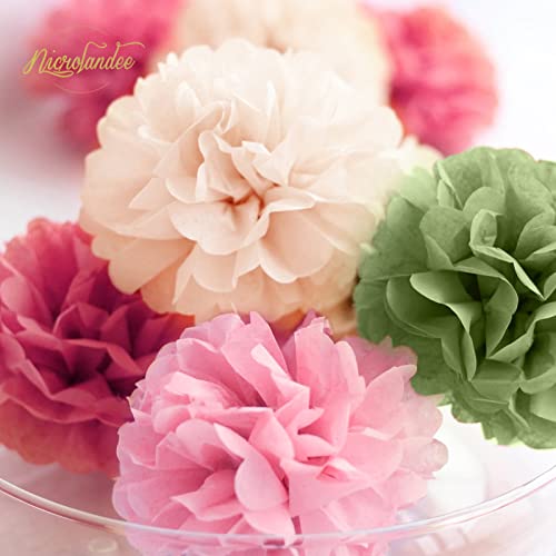 NICROLANDEE Wedding Party Decorations - 16Pcs Pink, Sage Green, Ivory Tissue Paper Pom Poms for Birthday, Engagement, Baby/Bridal Shower, Anniversary, Pastel Party, Festival Decorations