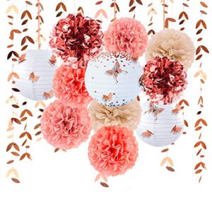 rose gold party decoration blush pink tissue flowers pom pom paper lantern with leaf garland 3d butterfly for wedding engagement birthday baby bridal shower bachelorette tea party decorations supplies