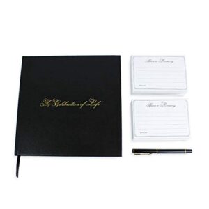 a celebration of life 96 page funeral guest book with professional picture frame, memorial cards, and gold pen (black leather)