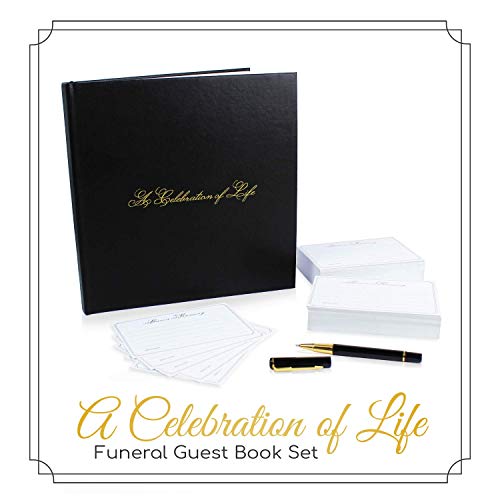 A Celebration of Life 96 Page Funeral Guest Book with Professional Picture Frame, Memorial Cards, and Gold Pen (Black Leather)