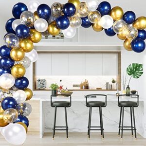 navy blue and gold confetti balloons, 60 pcs 12 inch white pearl and gold metallic chrome birthday balloons for wedding baby shower party decorations (blue set)