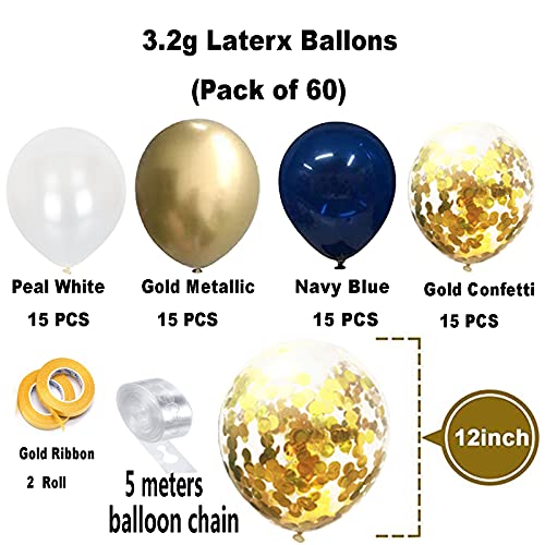 Navy Blue and Gold Confetti Balloons, 60 pcs 12 inch White Pearl and Gold Metallic Chrome Birthday Balloons for Wedding Baby Shower Party Decorations (Blue Set)