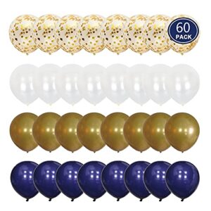 Navy Blue and Gold Confetti Balloons, 60 pcs 12 inch White Pearl and Gold Metallic Chrome Birthday Balloons for Wedding Baby Shower Party Decorations (Blue Set)