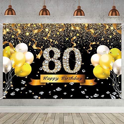 Trgowaul 80th Birthday Party Decoration, Extra Large Black Gold Sign Poster 80th Birthday Party Supplies, 80th Anniversary Backdrop Banner Photo Booth Backdrop Background Banner, 70.8 x 43.3 Inch