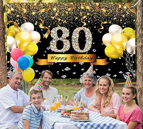 Trgowaul 80th Birthday Party Decoration, Extra Large Black Gold Sign Poster 80th Birthday Party Supplies, 80th Anniversary Backdrop Banner Photo Booth Backdrop Background Banner, 70.8 x 43.3 Inch