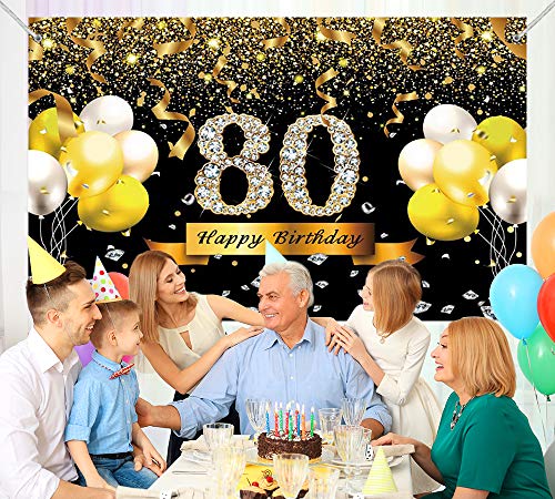 Trgowaul 80th Birthday Party Decoration, Extra Large Black Gold Sign Poster 80th Birthday Party Supplies, 80th Anniversary Backdrop Banner Photo Booth Backdrop Background Banner, 70.8 x 43.3 Inch