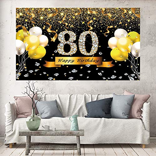 Trgowaul 80th Birthday Party Decoration, Extra Large Black Gold Sign Poster 80th Birthday Party Supplies, 80th Anniversary Backdrop Banner Photo Booth Backdrop Background Banner, 70.8 x 43.3 Inch